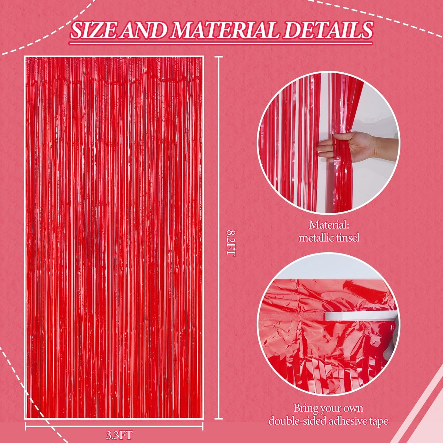 3 Pack Foil Fringe Backdrop - Pastel Red Shiny Tinsel Curtains for Party Decoration/Photo Booth Props - 3.3x8.2 FT Metallic Foil Backdrop for Birthday, Wedding, Graduation, Christmas.