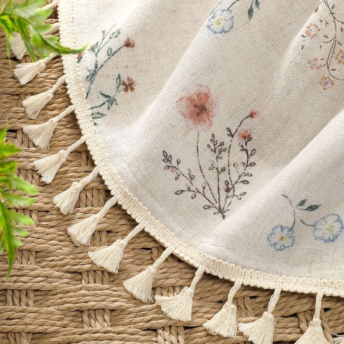 Boho Floral 100% Blackout Curtains for Bedroom 84 Inch Length 2 Panels Set, Linen Texture Farmhouse Curtains Beige Tassel for Living Room Vintage Rustic Patterned Printed Western Rod Pocket