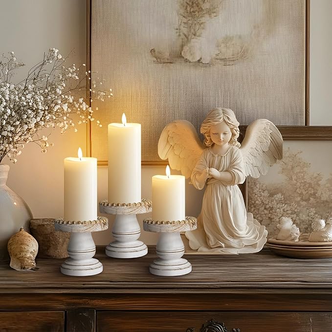 Small Candle Holder for Pillar Candle Set of 3, Farmhouse Wood Candle Holder, Rustic Wooden Candle Stand, Vintage Candle Stand Decorative for Living Room, Table Centerpiece, Retro White