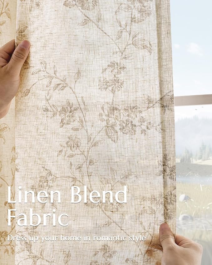 jinchan Taupe Floral Linen Curtains 96 Inch Farmhouse Back Tab 2 Panels | Flower patterned drapes, french country, light filtering, semi sheer, printed, bedroom, living room, office, window treatment