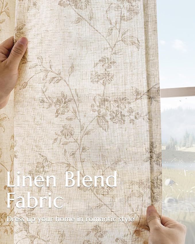jinchan Taupe Floral Linen Curtains 84 Inch Farmhouse Back Tab 2 Panels | Flower patterned drapes, french country, light filtering, semi sheer, printed, bedroom, living room, office, window treatment