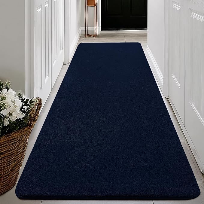 qulint Navy Blue Runner Rugs for Hallway 2x6, Modern Non Slip Washable Runner for Kitchen Soft Thickened Memory-Foam Indoor Entryway Rug, Minimalist Solid Carpet for Bedroom Laundry Home Decor