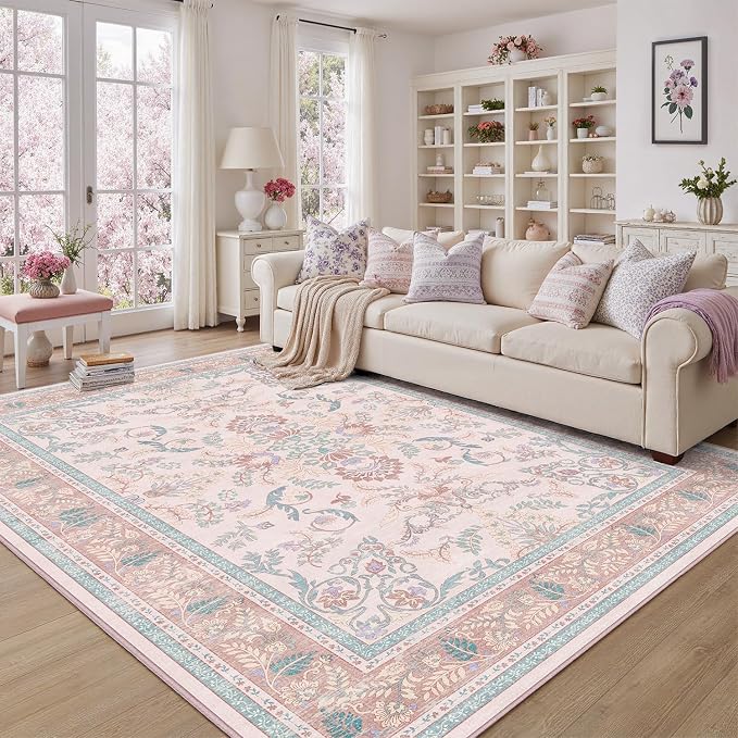 DCX 9x12 Pink Vintage Floral Rug, Machine Washable Non Slip Low Pile Carpet for Girl’s Bedroom, Nursery, Dorm, Kid & Pet Friendly Soft Stain Resistant Rug