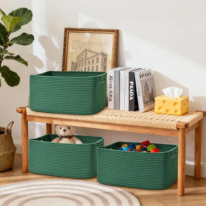 2 Pack Large Storage Basket for Organizing, 17.5"x13"x7" Woven Basket for Shelves, Closet Cube Storage Bins with Wrapped Handle, Cotton Rope Baskets for Kitchen, Clothes, Toys(Green)