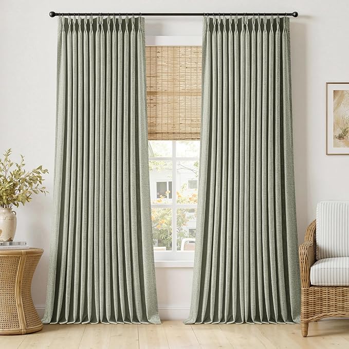 MIULEE Pinch Pleated Thick Linen Curtains 102 Inches Long 2 Panels for Living Room Bedroom, Memory Trained Drapes Pleat Back Tab Light Filtering Boho Sage Green Window Curtains with Hooks