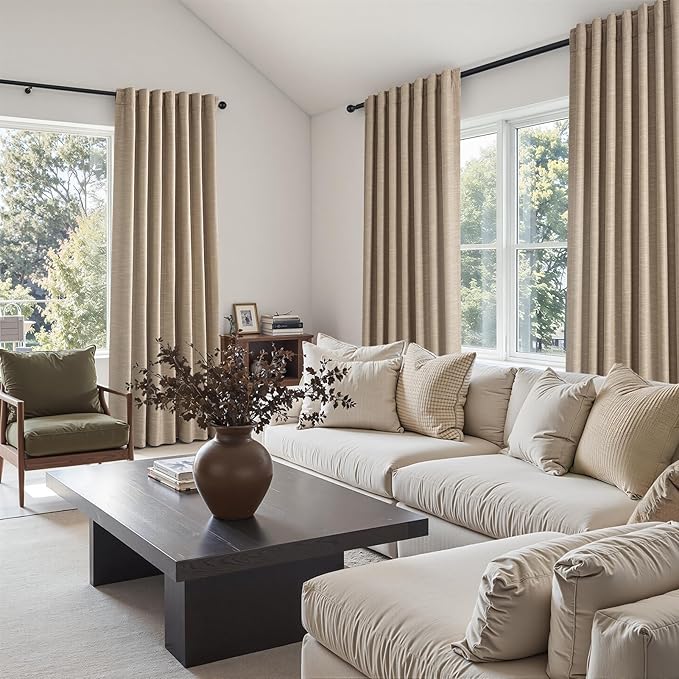 Topfinel 84 Inch Length 100% Blackout Viral Curtains with Back Tab Rod Pocket, Linen Textured Thermal Insulated Blackout Curtains Aesthetic Door & Window, Light Burlywood 52" W*84" L