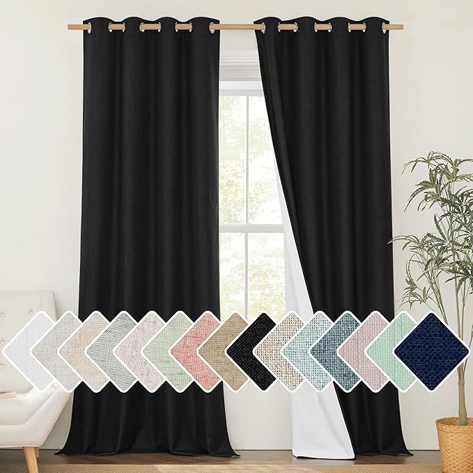 NICETOWN Vintage Open Linen Weave Flax Thermal Curtains, 100% Blackout Curtains 108 inches Long for Dining Room, Soundproof Window Treatment Drapes for Hall Room, Black, 52" Wide Per Panel, Set of 2