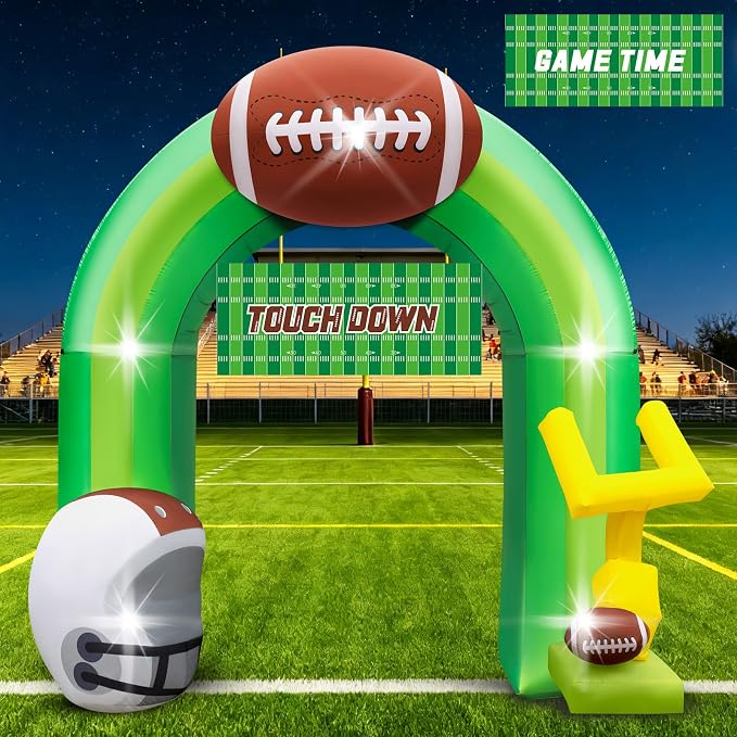 9FT Football Party Decorations for Game Day Blow Up with Helmet Built in LED Lights Goal Post for Yard Giant Balloon Photo Prop for Gift Light Green Football Inflatable Arch