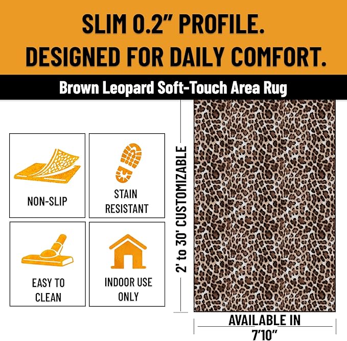 Ottomanson Extra Large Area Rug 7'10" x 28' – Non-Slip Soft Rug, Easy to Clean Low Pile Carpet for Basement, Office or Large Indoor Spaces, Leopard Print Brown