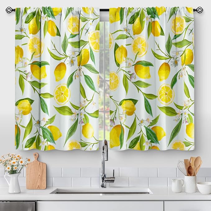 Aimego Lemon Kitchen Tier Curtains - Spring Country Farmhouse Rustic Nature Fruit Short Cafe Curtains for Living Dining Room - Leaves Decor Rod Pocket Window Drapes - 24 Inch Length - 2 Panels Set