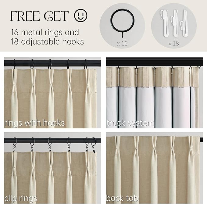102 Inches Long 100% Blackout Ivory Beige Linen Curtains,Farmhouse Pinch Pleated Noise Cancelling Curtains with Pin Hooks for Traverse Rods, Burlap Viral Drapes 2 Panels for Living Room Master Bedroom