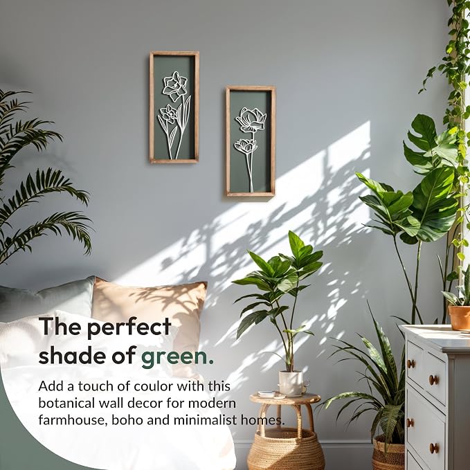 3D Floral Green Wall Art (Set of 2) Lightweight, Wooden Ready-to-Hang Boho Framed Wall Art for Bathroom, Bedroom, Living Room or Office – Premium Sage Green Farmhouse Decor – Gift-Boxed