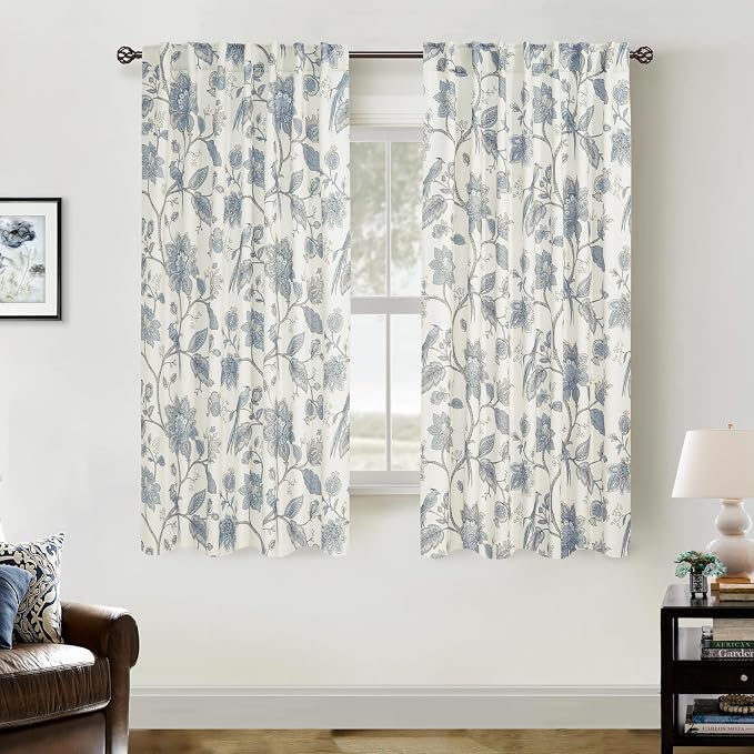 Light Blue Grey and White Floral Curtains, 63 Inch Length Vintage Botanical Pattern Serena Dupes Curtain Drapes for Bedroom Living Room 63“L 2 Panels Set