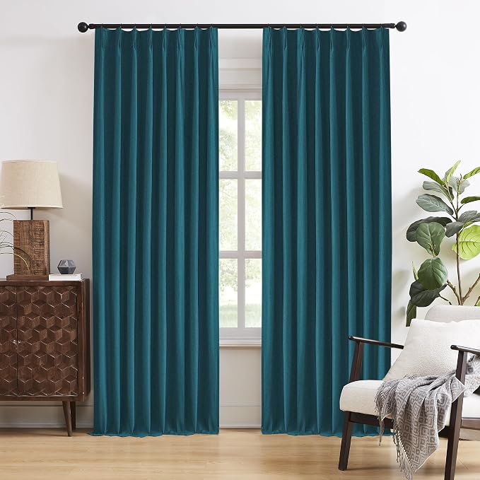 DUALIFE Dark Teal Blue Pinch Pleated Blackout Curtains 92 Inches Long, Back Tab with Hooks, Linen Full Black Out Thermal Insulated Track Curtain for Bedroom Living Room,50 Wx92 L, 2 Panels