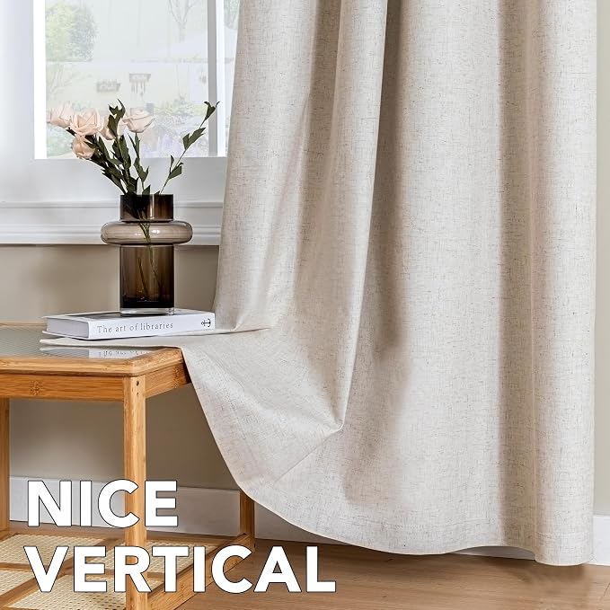 H.VERSAILTEX Linen Curtains 100% Blackout Curtains for Bedroom 120 inch Long Full Light Blocking Nature Linen Blended Window Curtains for Living Room Nickel Grommet (2 Panels, Heathered Natural)