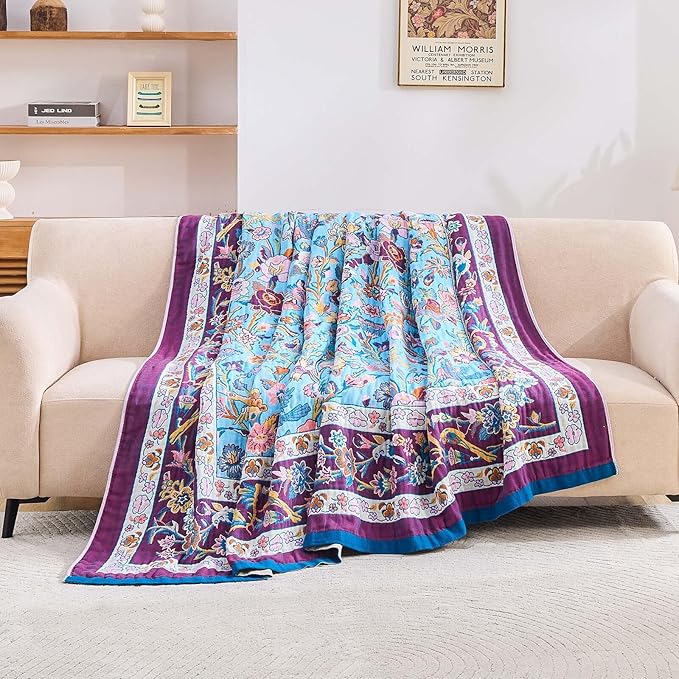 XIBLC Fall Blanket for Bed, 100% Cotton Soft Rustic Boho Throw Blanket Quilt, 60"x80" Farmhouse Decor Bed Flower Blankets, Light Weight Reversible Bohemian Throw Quilt