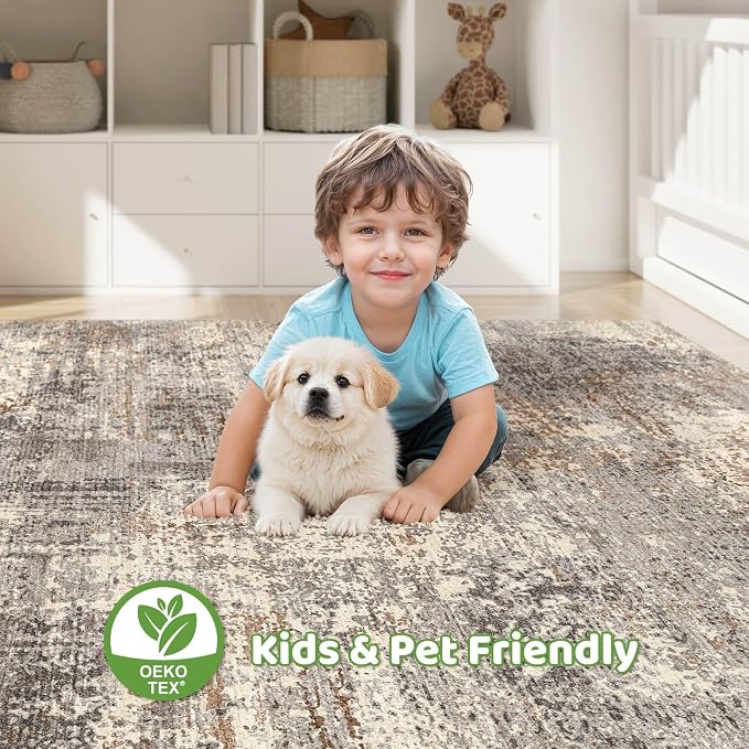 10x12 Area Rug Living Room: Washable Large Abstract Neutral Modern Soft Rug Stain Resistant Indoor Floor Non-Slip Accent Carpet for Bedroom Nursery Playroom Dining Room Office Home- Sand Brown Black