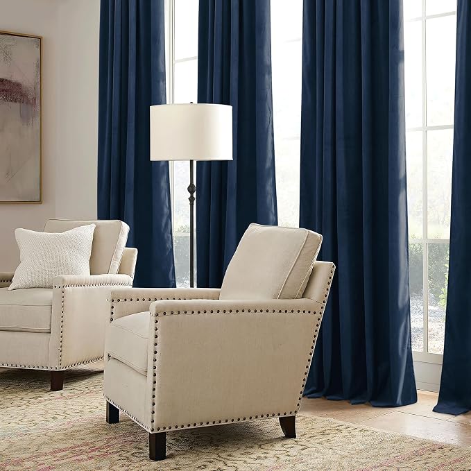 RYB HOME Navy Blue Velvet Curtains for Bedroom Living Room, Thermal Insulated Privacy UV Heat Blocking Luxurious Drapes for Nursery Dining Room, 52"W x 108"L, 2 Panels, Rod Pocket/Back Tab/Hook Belt