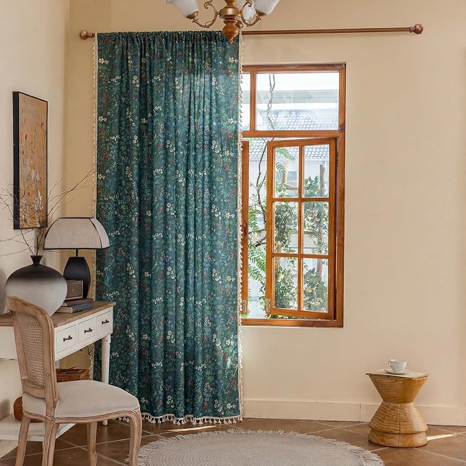OYX Boho Floral Curtains 84 Inch, Linen Farmhouse Flower Drapes with Lace & Tassels, Light Filtering Semi Sheer Curtains for Living Room Bedroom, 2 Panels