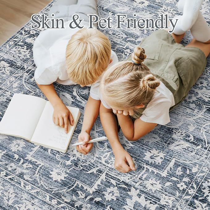 Soalmost 5x7 Area Rugs for Living Room, Washable Bedroom Soft Rug Blue | Vintage Floral Non-Slip Low Pile Throw Large Neutral Carpet for Dining Room Kitchen Home Office Nursery 5'x7'