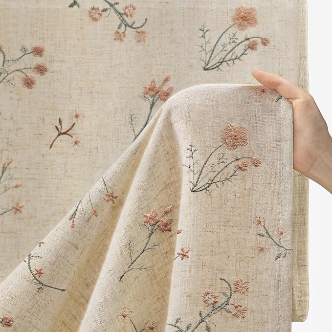 Floral Embroidered Linen Blend Curtains for Bedroom, 90 Inch Light Filtering Spring Farmhouse Vintage Drapes Beige Flower Window Treatments for Living Room Rod Pocket, Set of 2 Panels