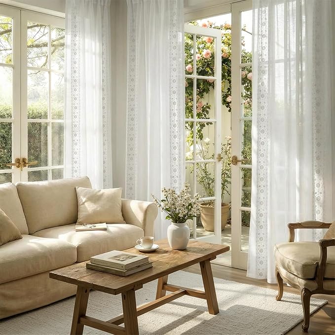 jinchan Weslie Floral White Sheer Curtains for Living Room 84 Inch Long Embroidered Voile Farmhouse Linen Curtains for Bedroom Bordered Flower Patterned Cottage Core Window Drapes 2 Panels Off White
