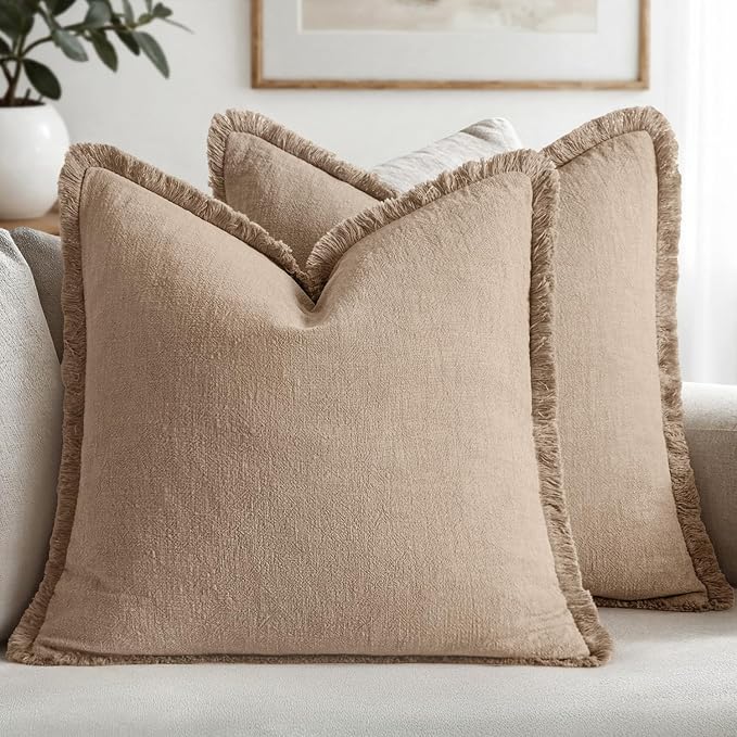 MIULEE Decorative Throw Pillow Covers Neutral Linen Fringe Throw Pillows Euro Shams Set of 2 Camel Boho Farmhouse Cushion Covers for Couch Sofa Bed Living Room Spring Home Decor 22x22 Inch