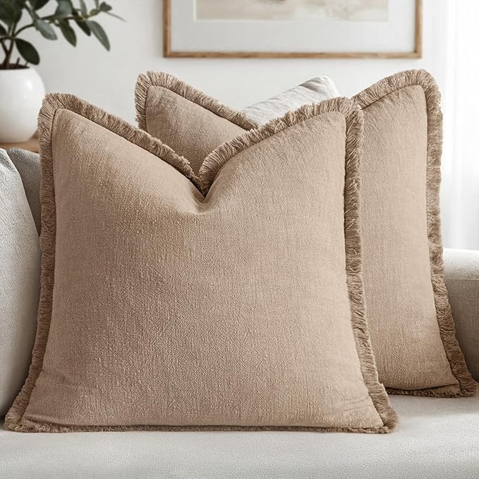 MIULEE Decorative Throw Pillow Covers Neutral Linen Fringe Throw Pillows Set of 2 Camel Boho Farmhouse Cushion Covers with Tassels for Couch Sofa Bed Living Room Spring Decor 20x20 Inch