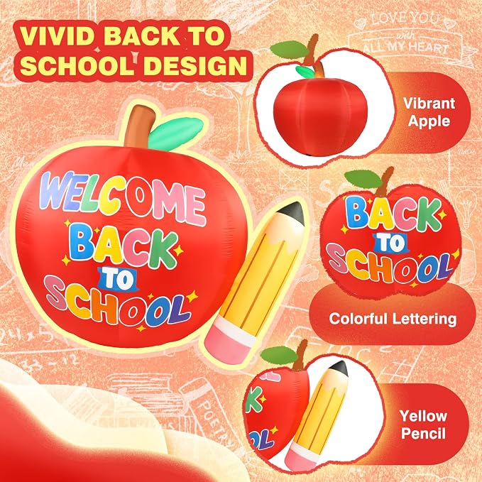 6.7 FT Long Back to School Inflatables Outdoor Decorations, Apple & Pencil Blow up Yard Decor with LED Lights, First Day of School Welcome Decoration for Preschool Kindergarten Party Indoor Lawn Patio