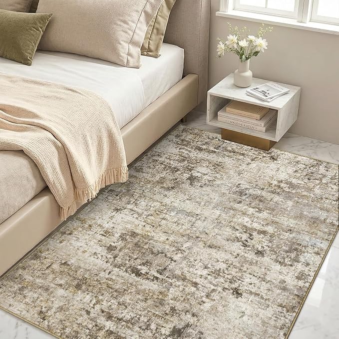 4x6 Area Rugs Washable Living Room Rug-No Slip Soft Carpets Modern Abstract Indoor Floor Stain Resistant Carpet for Bedroom Dining Room Farmhouse Nursery Home Office Brown