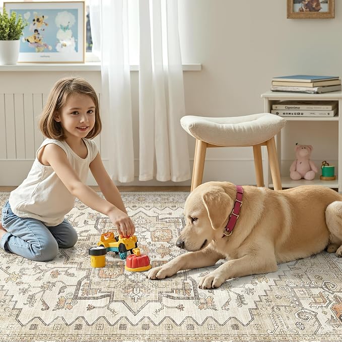 befbee Washable Rugs 10x14 Area Rugs for Living Room,Rugs for Bedroom,Ultra Soft Living Room Bedroom Large Carpe,Low Pile Vintage Print Rug for Home Office Decor (10'x 14',Gold)