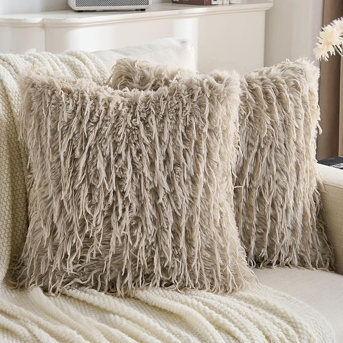 FUTEI Pack of 2 Faux Feather Plush Throw Pillow Covers 20x20 Inch Soft Fluffy Solid Farmhouse Decorative Cushion Cases Modern Luxury Accent for Couch Bed Living Room, Khaki