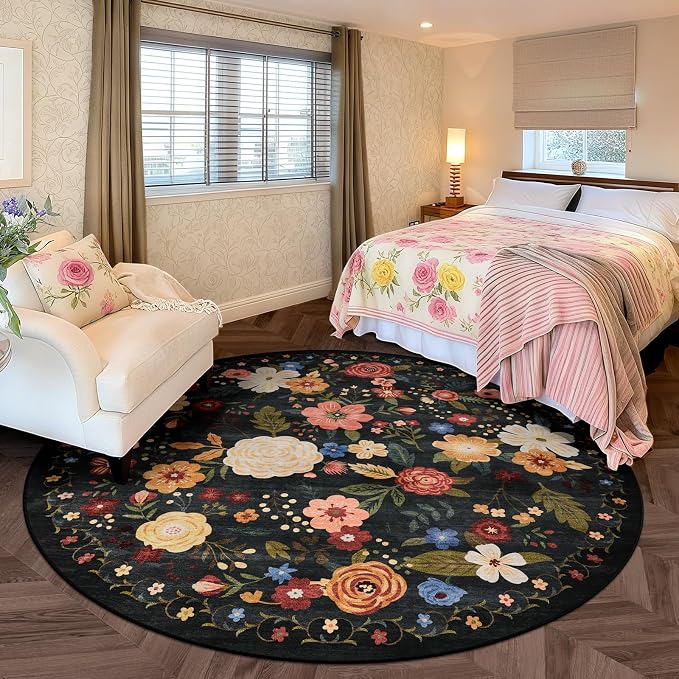 6ft Round Machine Washable Area Rug for Living Room, Black Green Vintage Boho Floral Rug Non-Slip Low Pile Soft Faux Wool Carpet Kids and Pets Friendly for Bedroom Nursery Farmhouse Home Decor Rug