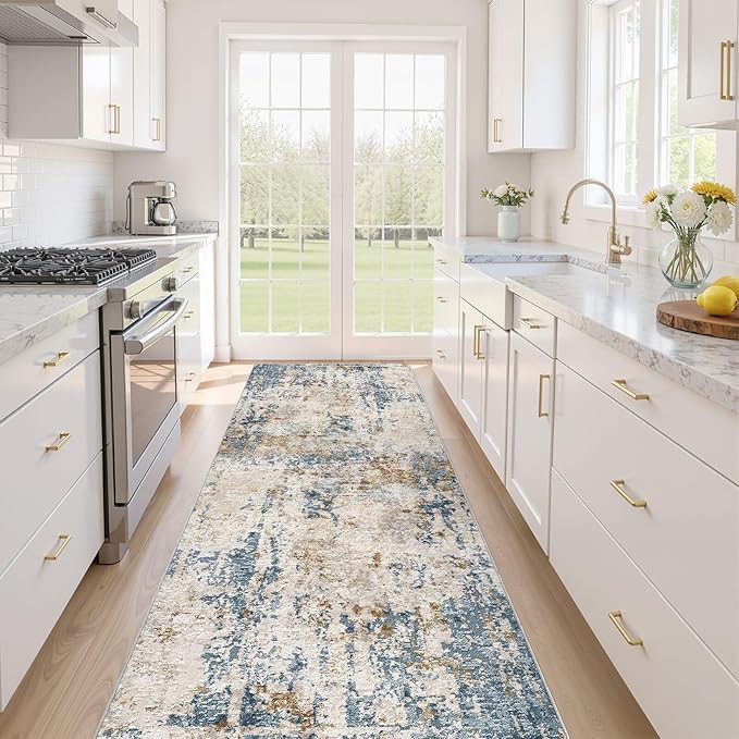 Runner Rug Kitchen Washable Rugs: 3x10 Non-Slip Abstract Soft Modern Stain Resistant Indoor Floor Neutral Accent Throw Carpet for Hallway Bathroom Laundry Room Entryway Bedroom- Blue Tan