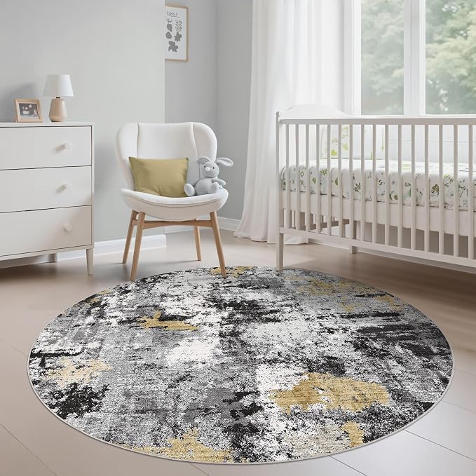 Abstract 5FT Round Rug: Machine Washable Non Slip Ultra Thin Low-Pile Carpet, Soft Stain Resistant for Living Room Bedroom Nursery, Kid Pet Friendly, Robot Vacuum Compatible - Black Gold