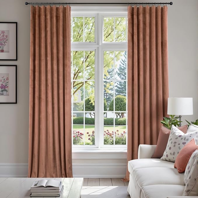 Pitalk 96 Inch Cinnamon Velvet Blackout Curtains Chic Modern Farmhouse Vintage Luxury Back Tab Pleated Thermal Insulated Light Blocking Velvet Drapes for Bedroom Living Room Wide 52x96 in Long 2 Panel