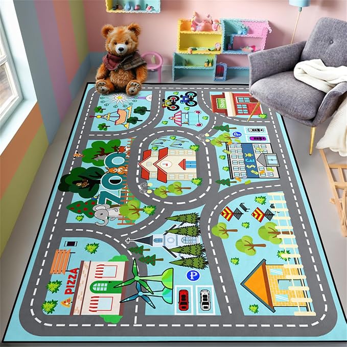 Car Rug Play Mat 4.5x6 Feet - Road Rug for Kids Boys Room, Fun Race Track Traffic Road Carpet for Boys Playmat Educational Learn, Car Carpet for Kids Room Decor Playmat Bedroom Playroom