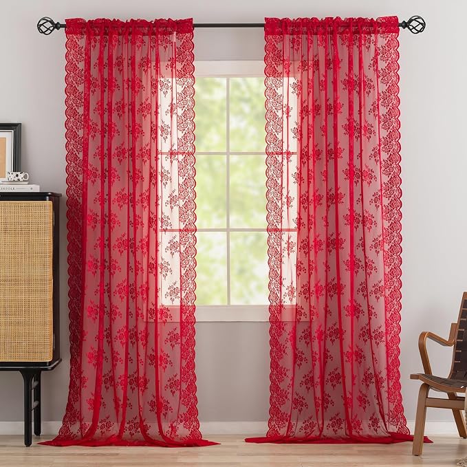 Kotile Red Sheer Curtains 84 Inches Long, W52 x L84 Inch, 2 Panels, Country Rustic Floral Vintage Red Lace Curtains for Living Room, Rod Pocket Privacy Light Filtering Cottagecore Window Sheer Curtain