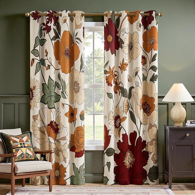 jinchan Lora Floral Curtains for Bedroom Blackout Drapes for Living Room Darkening Fabric Vintage Beige Boho Flower Pattern Fall Decor Window Curtains 90 Inches Length 2 Panels with Grommet