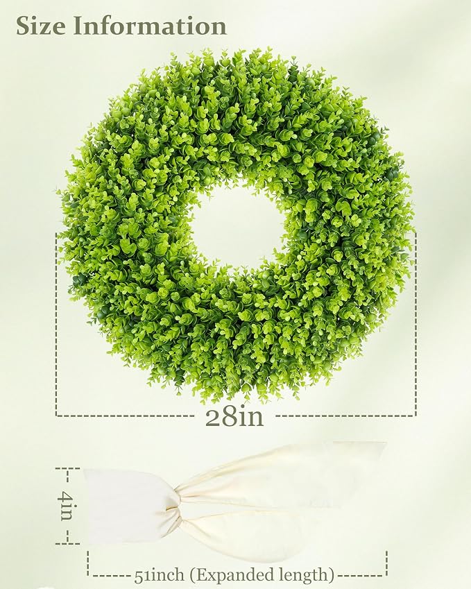 DDHS 28 inch Boxwood Wreath, Artificial Large Spring Wreaths for Front Door with Yellow Sash can DIY Shaped, Summer Wreaths for Hanging in the Shop, Farmhouse, Roof Green Everyday Wreath Home Decor