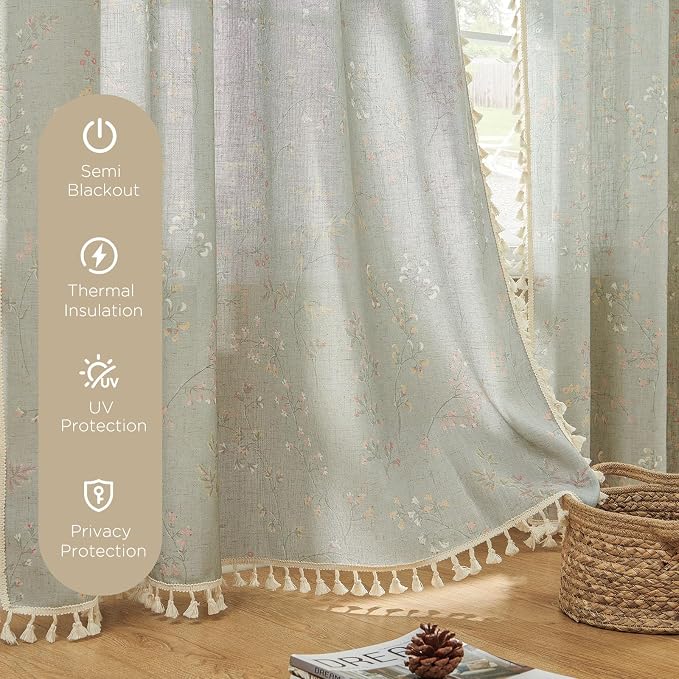 Joydeco Blue Floral Boho Curtains 108 Inches Long 2 Panels, Super Soft Bohemian Farmhouse Curtains with Tassels, Semi Sheer Light Filtering Drapes for Bedroom Living Room (Rod Pocket, 52Wx108L)