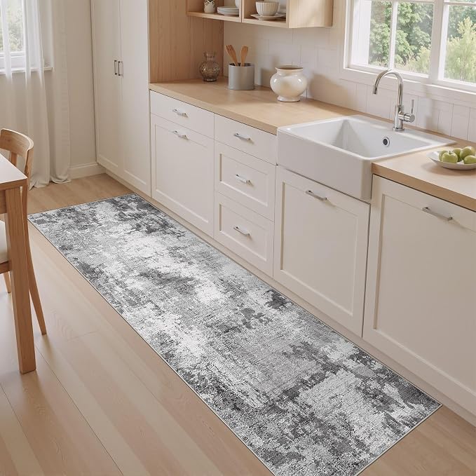 Abstract 2x8 Runner Rug: Machine Washable Non Slip Ultra Thin Low-Pile Carpet, Soft Stain Resistant for Hallway Kitchen Bathroom, Kid Pet Friendly, Robot Vacuum Compatible - Grey