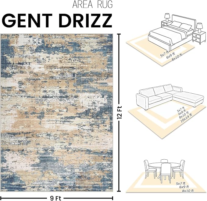 Area Rugs 9x12 Living Room: Large Soft Washable Rug Modern Abstract Anti-Skid Non-Shedding Carpet Indoor Floor Thin Carpets for Bedroom Dining Room Farmhouse Nursery Home Office Brown Blue