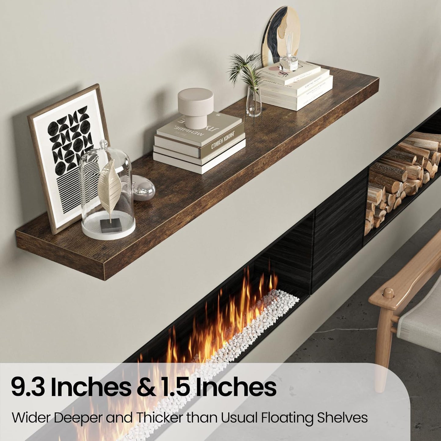 Floating Shelves for Wall, 55"W x 9.3"D x 1.5"H, Long Wooden Wall Mounted Display Shelf with Invisible Brackets for Living Room, Bedroom, Bathroom, Kitchen Decor & Storage,Set of 1,Rustic Brown