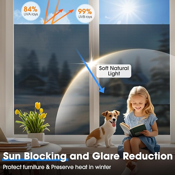 Coavas One Way Privacy Window Film Reflective Window Tint for Home,Static Cling Mirror Heat Blocking Covering See Out Not in,Anti-Uv House Daytime Privacy, Blue-Silver,35.4x118.1 in