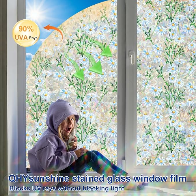 QHY Sunshine Privacy Window Film with Installation Tool Decorative Stained Glass Window Stickers Reusable Window Film (Leafy Daisy, 17.5 x 78.7)