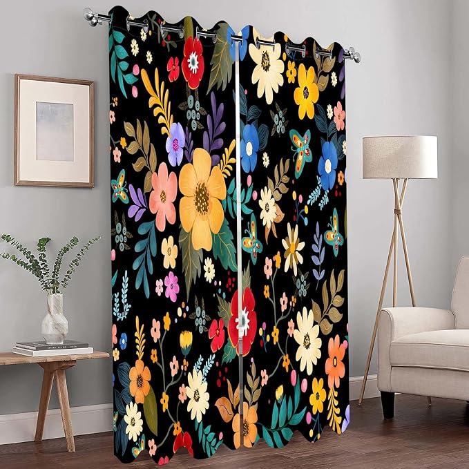 Colorful Flowers Floral Curtains Boho Pile Flowers Halloween Spring Summer Decor Women Girls Wife Mom Kids Bedroom Nursery Kitchen Dining Living Room Darkening Grommet Window Drapes 2 Panels, 52"x84"