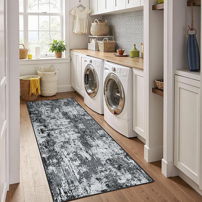RELEANY Washable Area Rugs 2'x8' Non-Slip Modern Abstract Soft for Living Room Entryway Bedroom Kitchen, Print Pattern, Black Navy Blue Gray