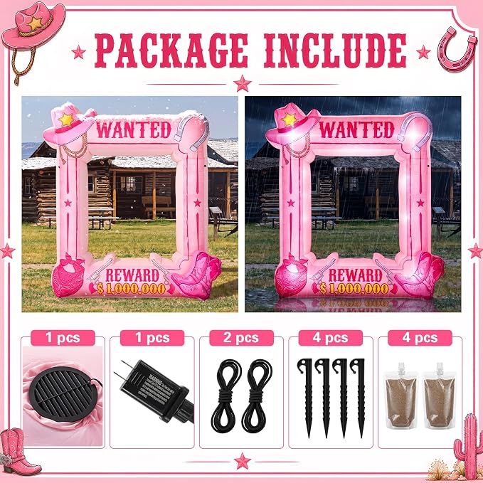 Soulchen 6 x 5 ft Pink Western Wanted Inflatable Decoration with Led Lights and Built-in Blower Perfect for Cowboy Party Decor Western Themed Birthdays and Vintage Country Events