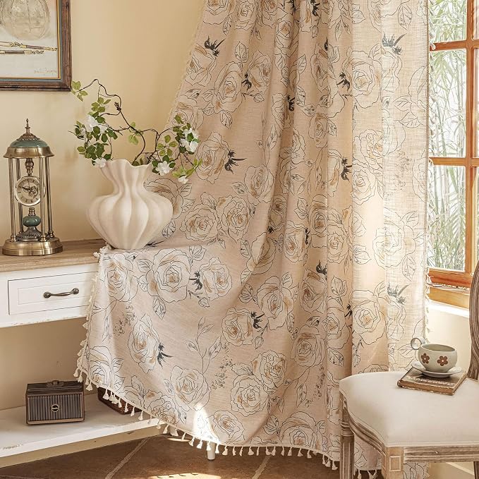 OYX Boho Floral Semi-Blackout Curtains for Bedroom, 2 Panels 52x96 Inches, Grey Rose Vintage Country Pattern with Tassels, Rod Pocket Design, Farmhouse Window Treatments